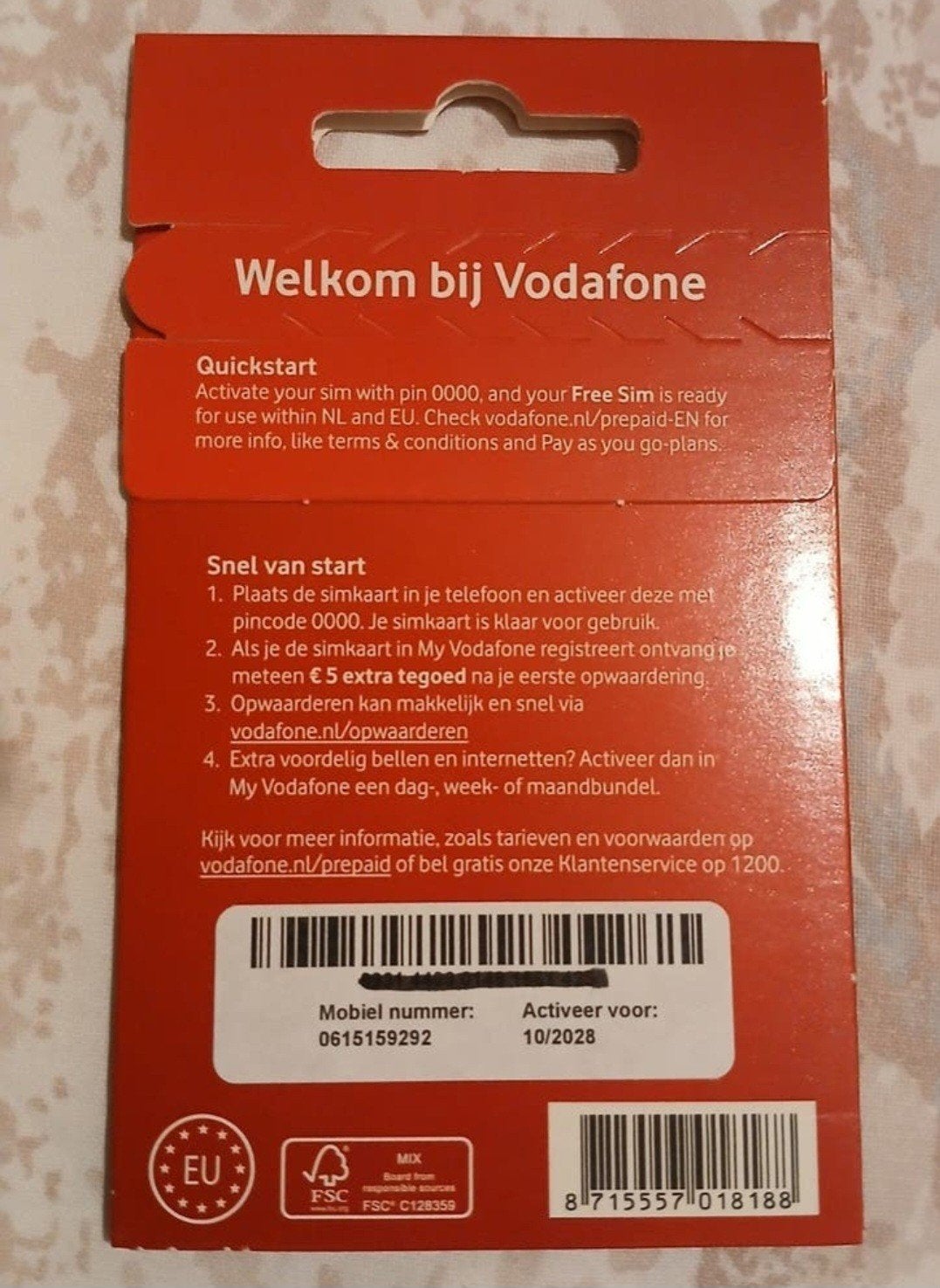06-1515-9292  MOOI NUMMER VODAFONE PREPAID SIMKAART, Ophalen of Verzenden, Nieuw, Vodafone, Simkaart