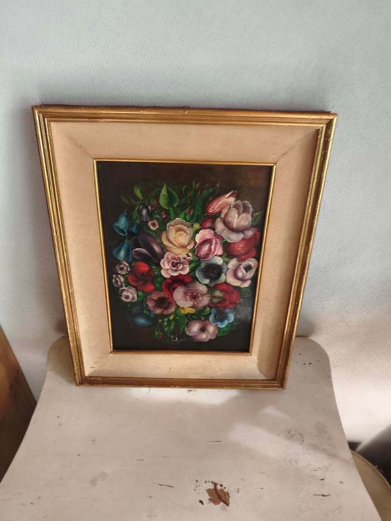 Oud olieverf schilderij bloemen stilleven * schapenweide, Ophalen