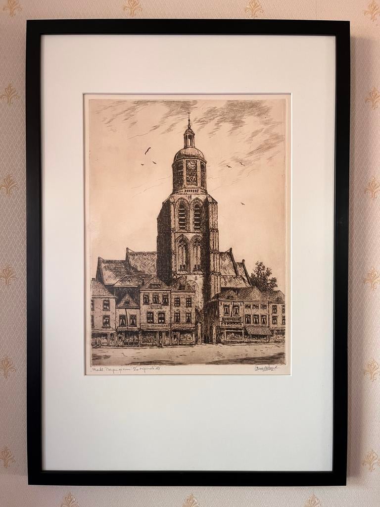 Ets 'Markt Bergen op Zoom' door C.M. van der Woerd, Antiek en Kunst, Kunst | Etsen en Gravures, Ets, Stadsgezicht, Ophalen of Verzenden