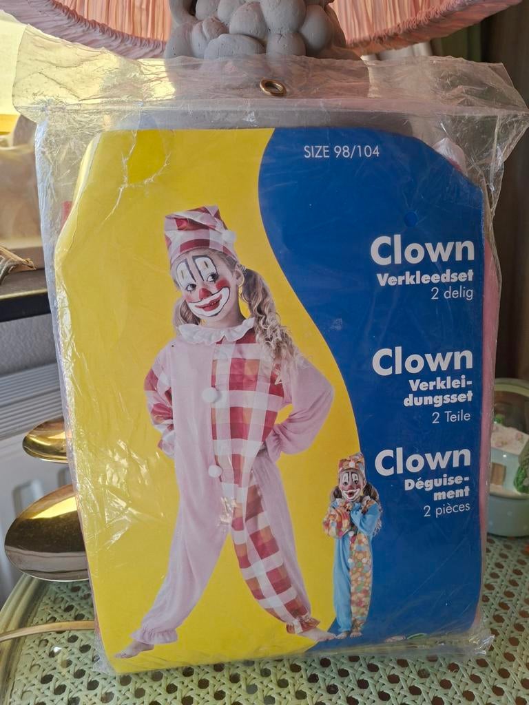 Clown verkleedset kind - Maat 98/104 - 2-delig (Roze/Ruit), Ophalen of Verzenden, Nieuw, 104 of kleiner, Meisje