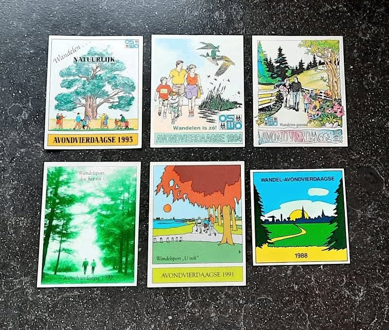 6 Vintage AVONDVIERDAAGSE STICKERS 1988 en 1991 t/m 1995, Verzenden, Zo goed als nieuw, Sport