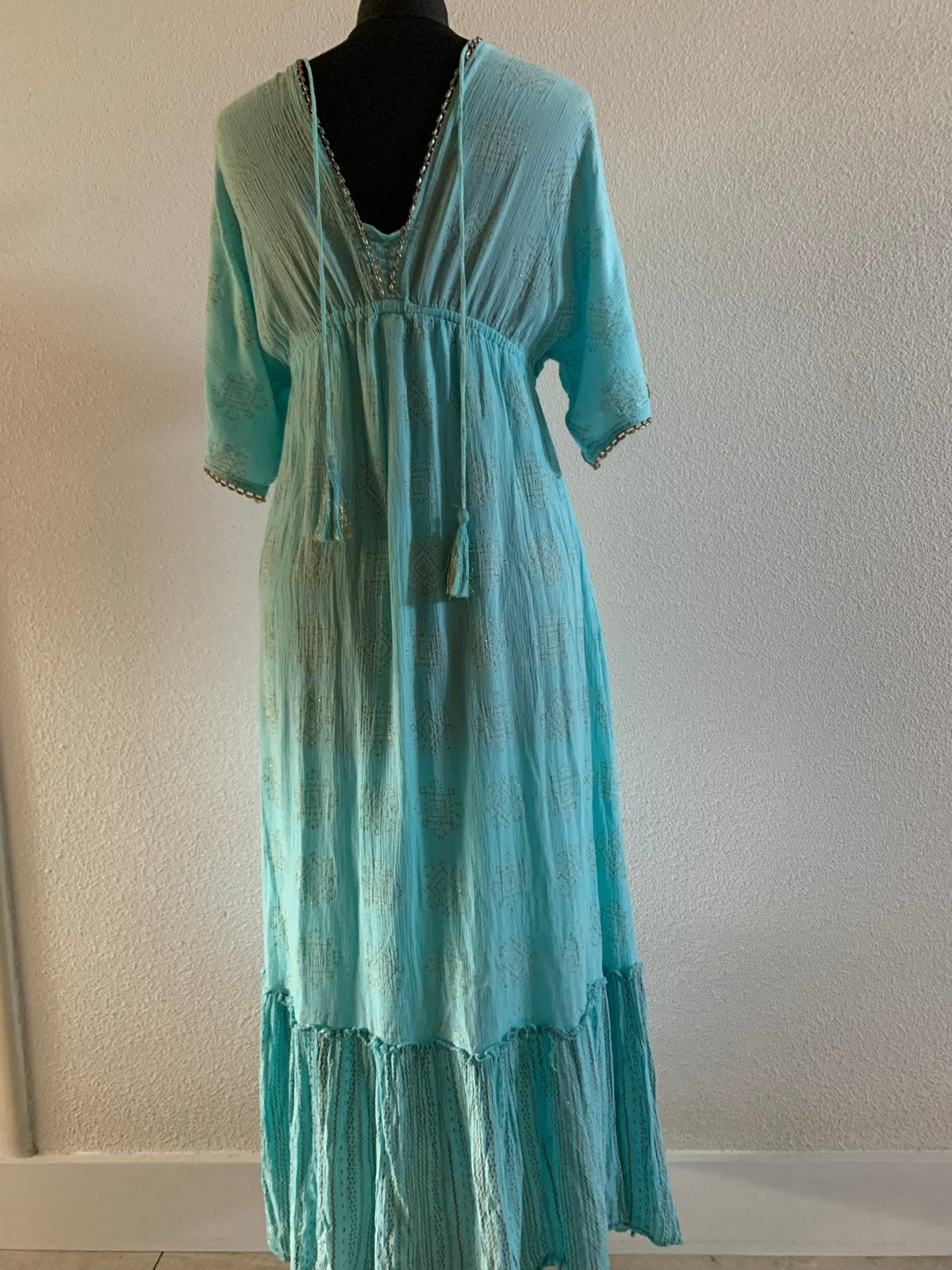 Boho Ibiza Jurk S/M/L - Turquoise met Gouden Details, Maat 38/40 (M), Blauw, Ophalen of Verzenden, Zo goed als nieuw