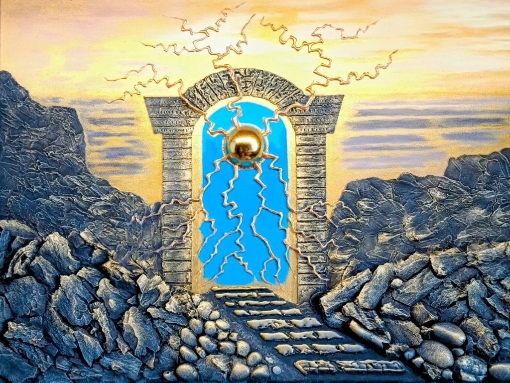 Abstracte poort naar een andere dimensie, Antiek en Kunst, Abstract, Gelimiteerde oplage, Ophalen of Verzenden, Gemengde techniek