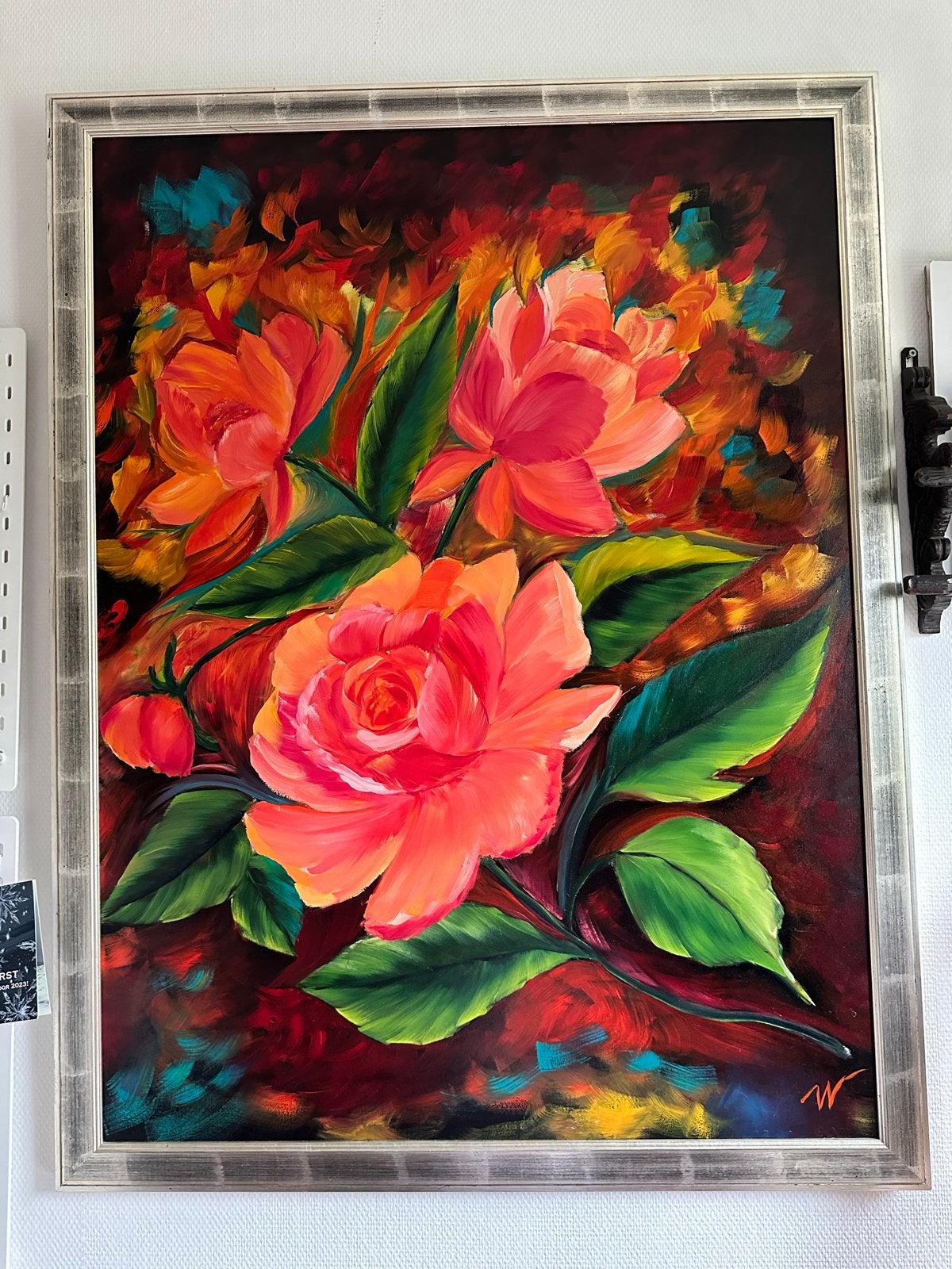 Levendig bloemenschilderij met rozen in lijst, Ophalen