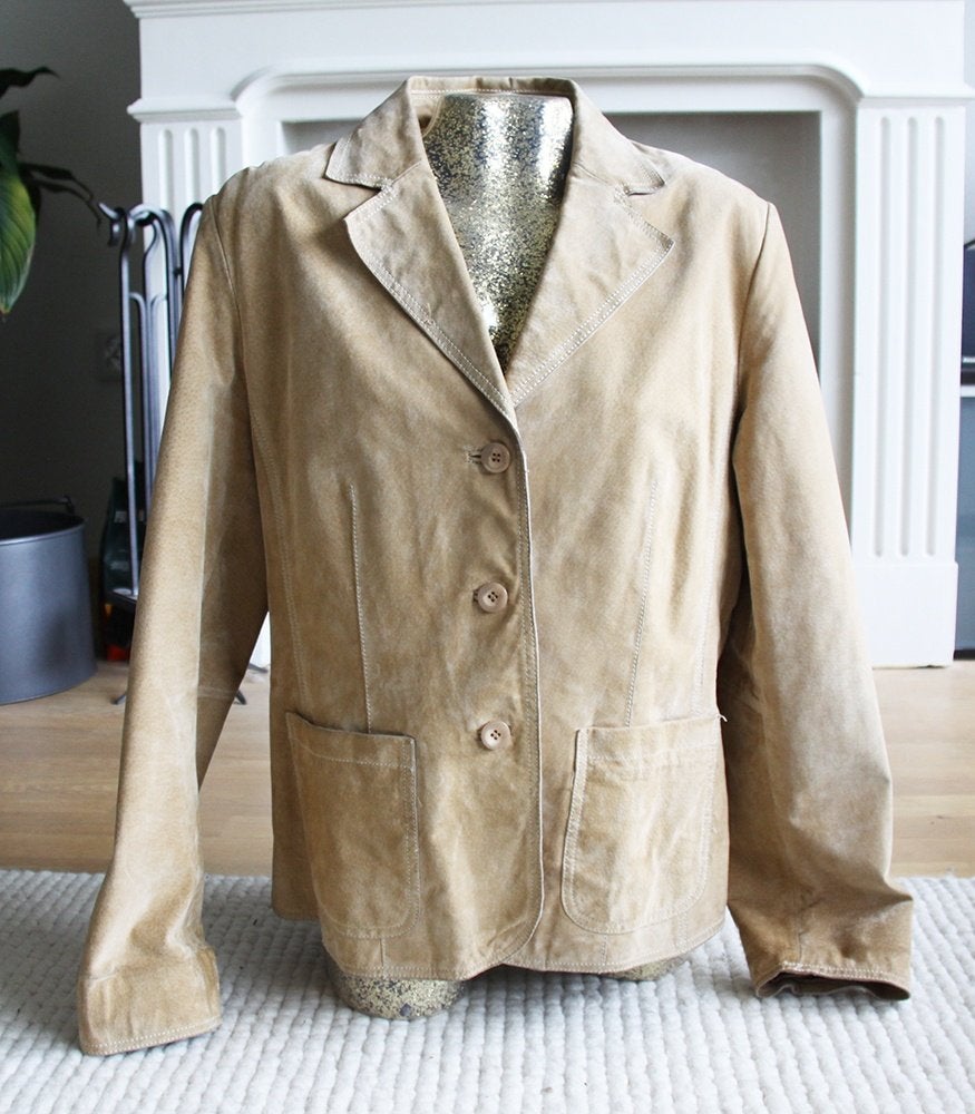 Prachtige Creme Suède Authentic Jas (L) € 65,-, Bruin, Maat 42/44 (L), Ophalen of Verzenden, Zo goed als nieuw
