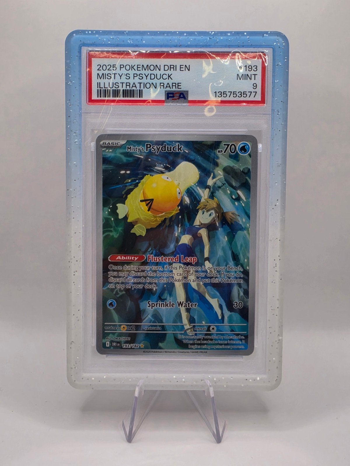 Misty's Psyduck 2025 Pokemon Drien PSA 9 Mint, Ophalen of Verzenden, Zo goed als nieuw, Losse kaart