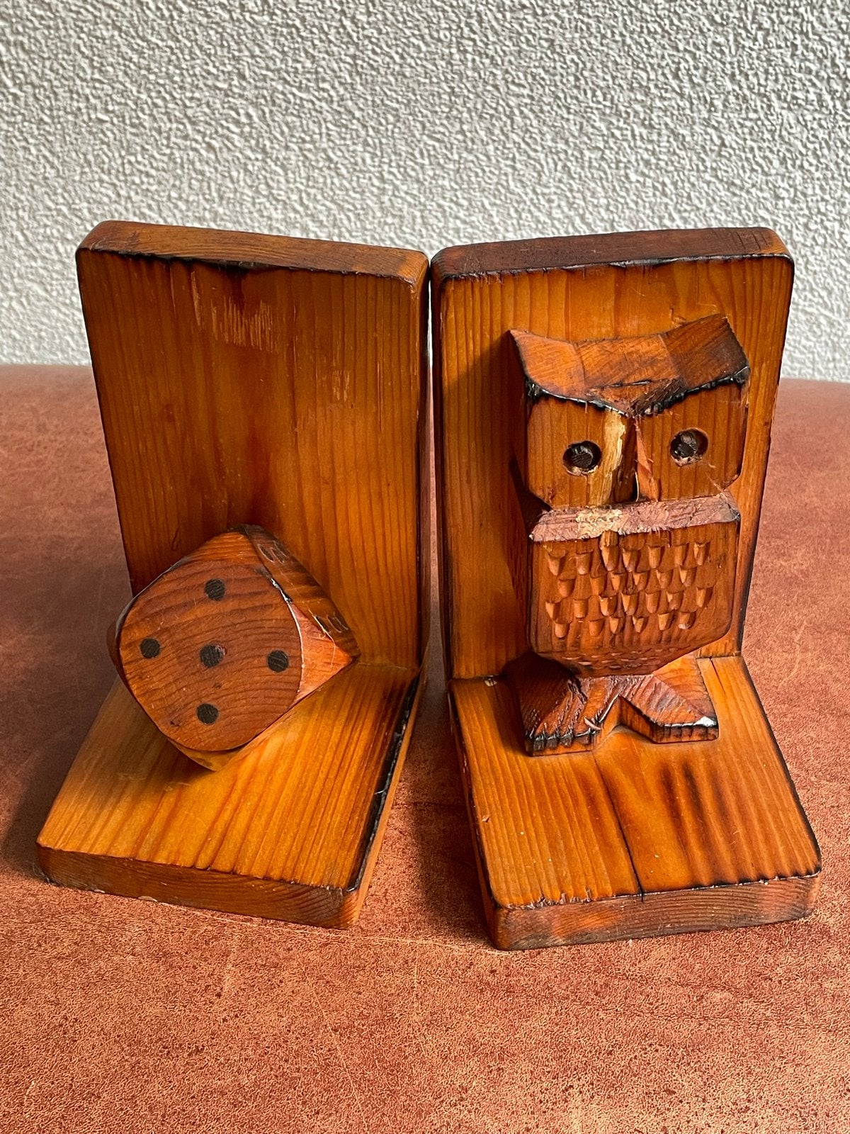Vintage houten boekensteunen uil en dobbelsteen, Ophalen of Verzenden