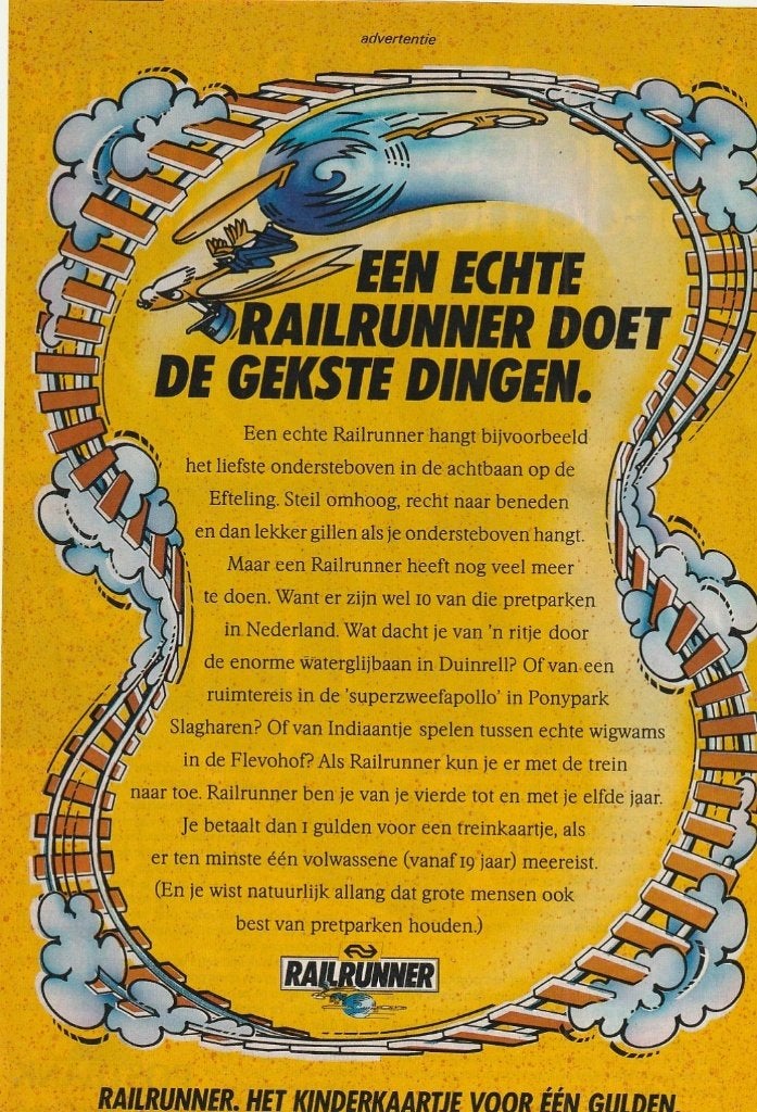 Retro reclame 1989 NS Railrunner Efteling achtbaan uitje, Verzenden, Overige typen