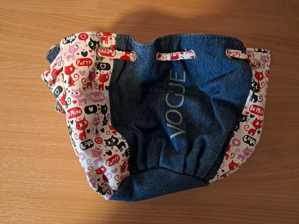 Vogue denim tasje met kattenprint - Gebruikt, Ophalen of Verzenden, Gebruikt, Blauw, Schoudertasje