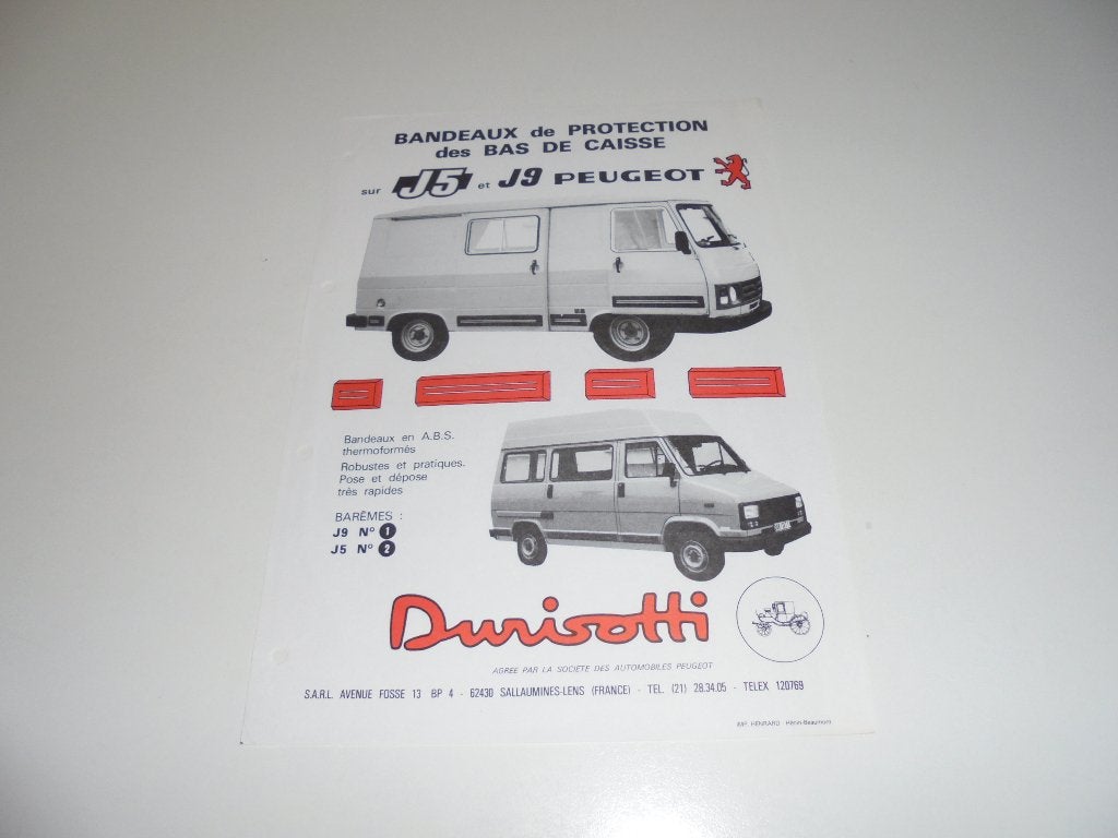 leaflet Durisotti flankbescherming Peugeot J5 en J9, Ophalen of Verzenden, Gelezen, Peugeot
