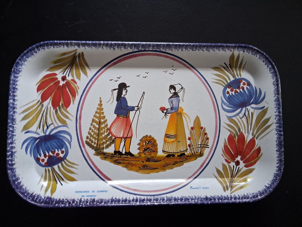 Vintage dienblaadje blik Quimper decoratie Bretons *eureka*, Antiek en Kunst, Ophalen of Verzenden