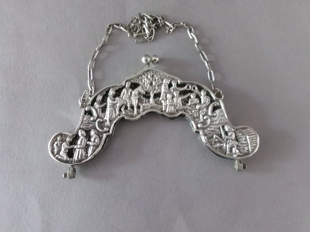 Zilveren tasbeugel. de verloren zoon.Bijbelse Voorstelling., Verzenden, Zilver