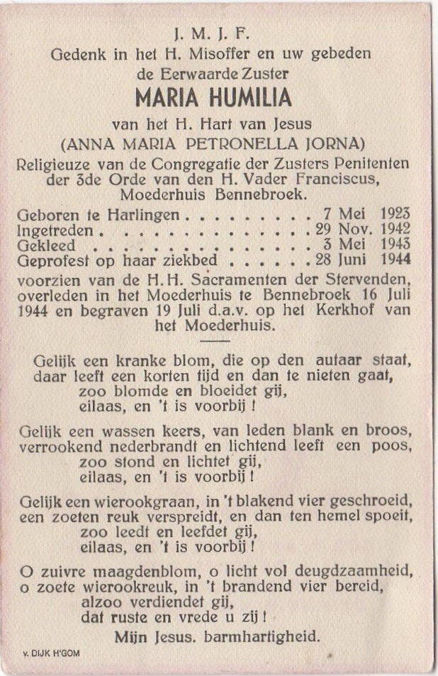 zr. Anna M. Jorna 1923 Harlingen + 1944 Bennebroek, 21 jaar, Verzenden