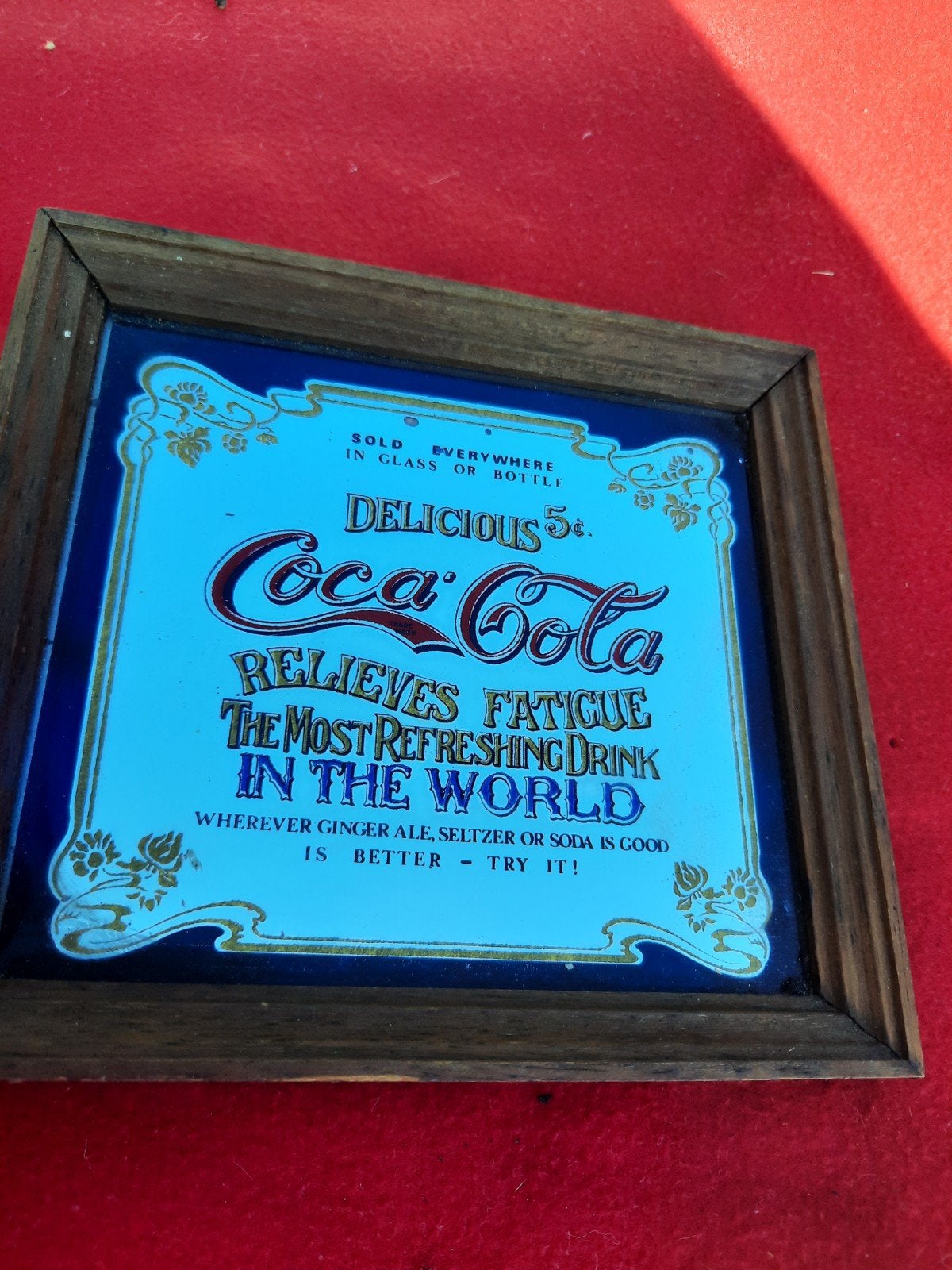 Vintage Coca-Cola spiegel - 'Delicious 5¢', Antiek en Kunst, Antiek | Spiegels, Ophalen of Verzenden