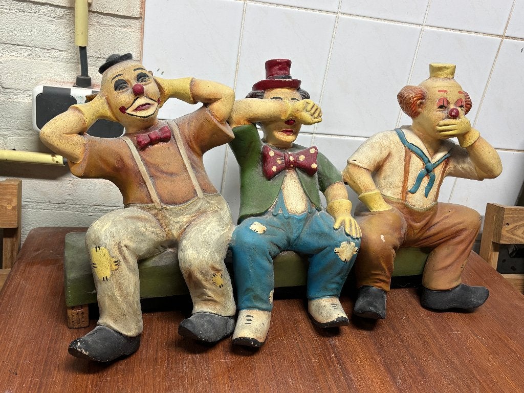 Vintage Beeldje Drie Wijze Clowns Horen Zien Zwijgen, Vintage, Gebruikt, Meerkleurig, Overige materialen