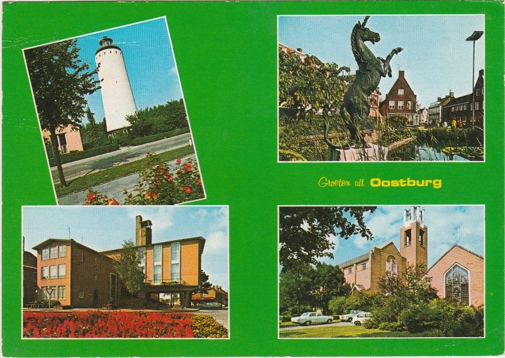 OOSTBURG Watertoren Raadhuis Eenhoorn Kerk Groeten, Verzenden, 1960 tot 1980, Gelopen, Zeeland