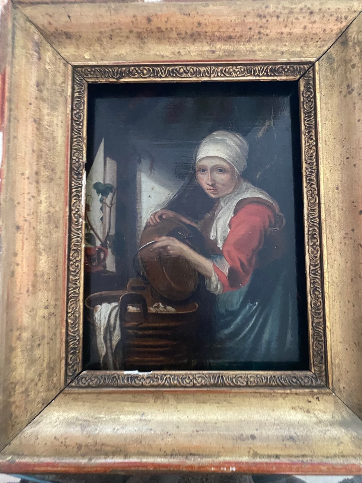 Antiek Olieverf op paneel Vrouw bij wastobbe, Antiek en Kunst, Verzenden