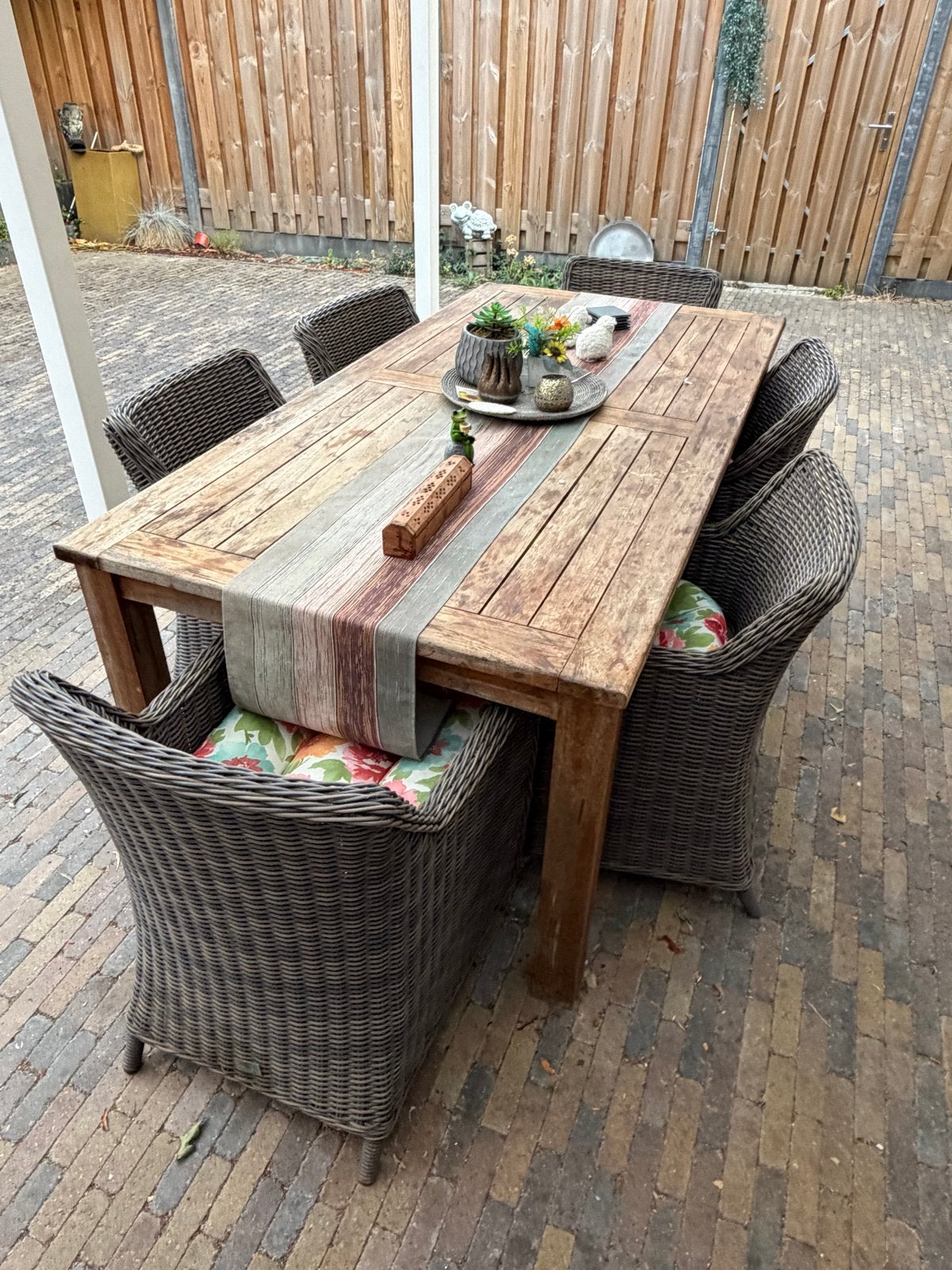 Bois le Duc 6-persoons rotan tuinset met teak tafel, Tuin en Terras, Ophalen, Gebruikt, Rechthoekig, Teakhout
