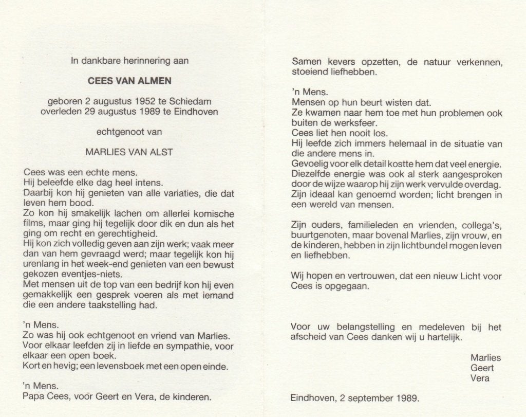 van almen-van alst-schiedam-eindhoven 1989, Ophalen of Verzenden, Bidprentje