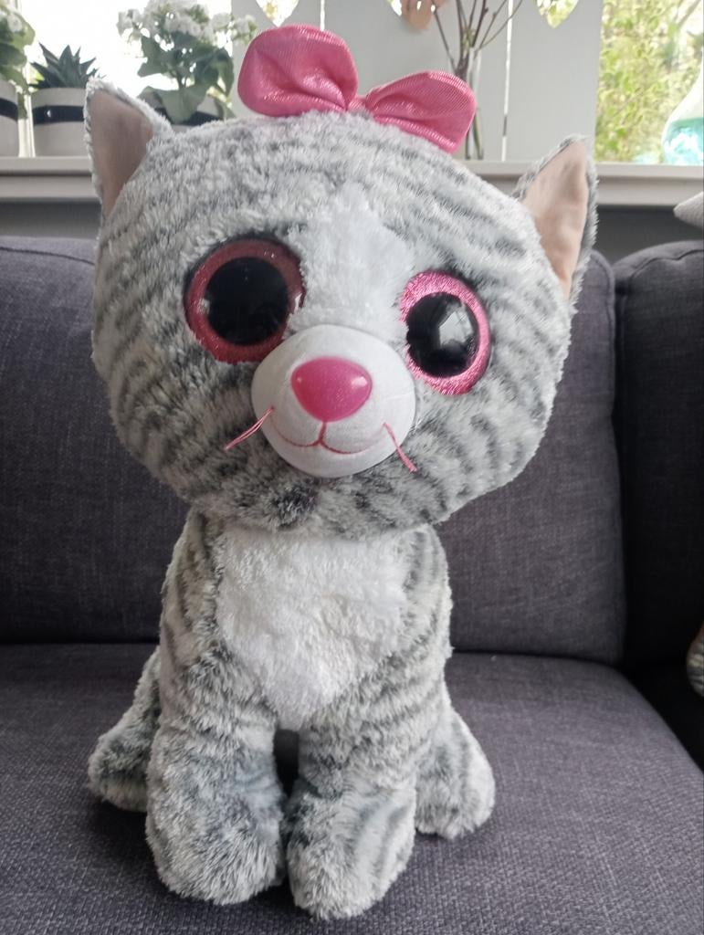 Ty Beanie Boo Kiki de Kat XL - Grote Knuffel met Strik, Gebruikt, Overige karakters, Grijs, Ophalen of Verzenden