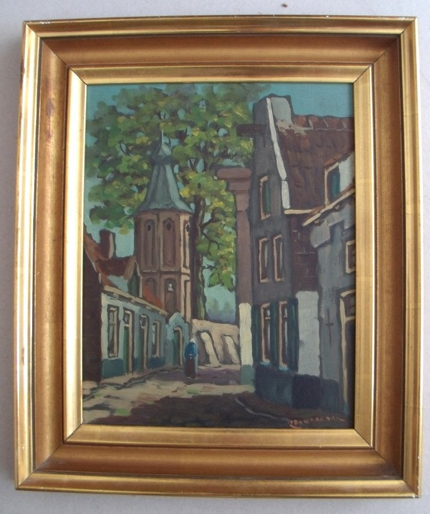 Hollandse School - Dorpsgezicht - olieverf op board, Ophalen of Verzenden