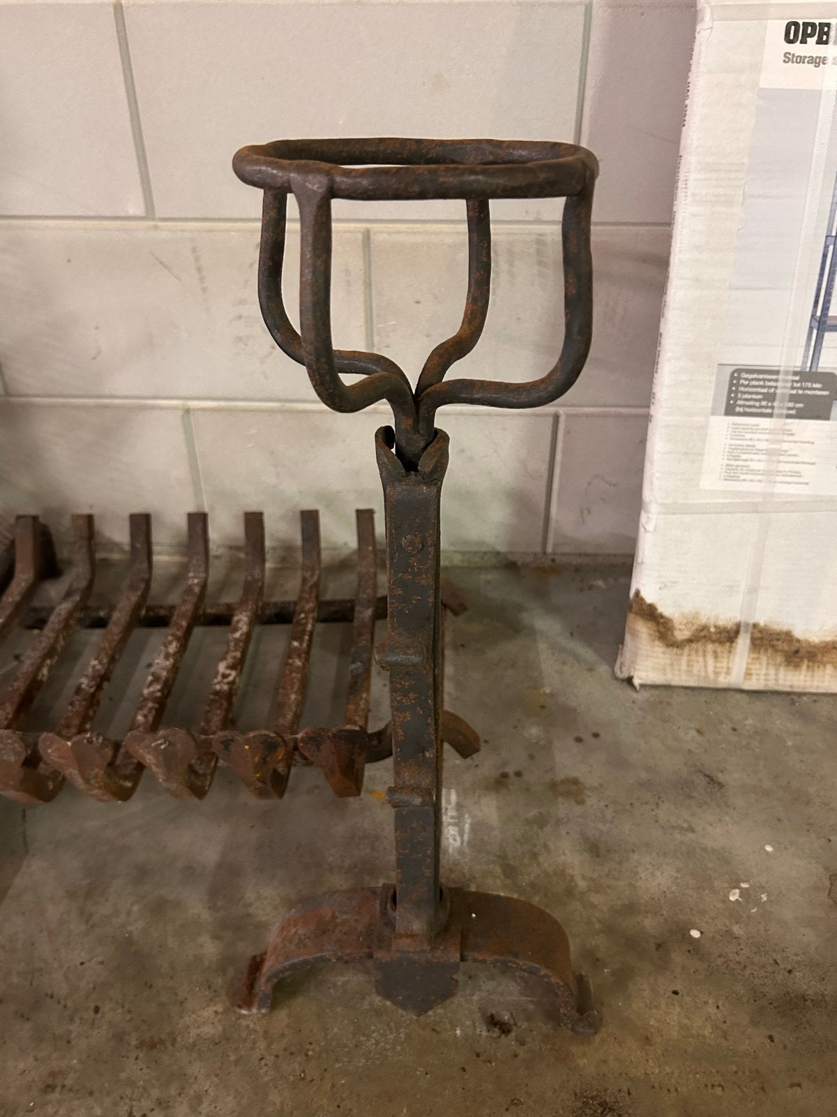 Antieke haardset: bokken, rooster en gereedschap, Ophalen, Vintage, Metaal, Gebruikt