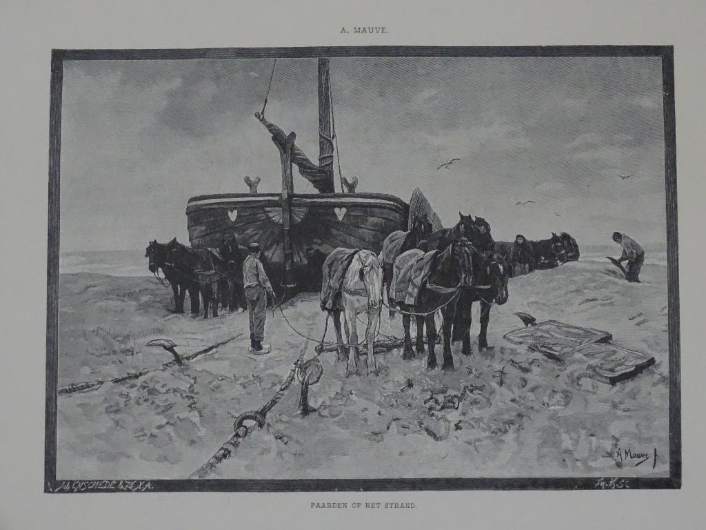 Anton Mauve / Paarden op het Strand / Afm. 50,4 x 33,3 cm, Anton Mauve, Ophalen of Verzenden, Zo goed als nieuw, Schilder- en Tekenkunst