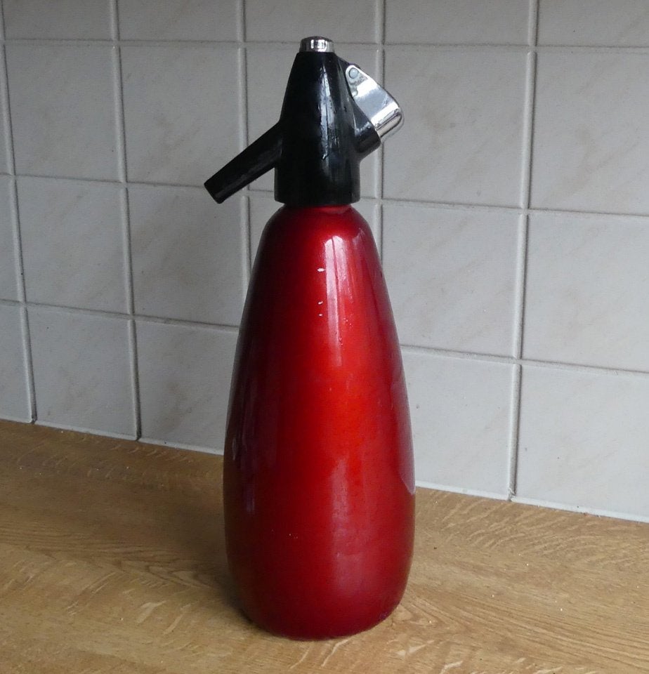 Vintage siphon rood spuitwaterfles BOC England soda sifon, Ophalen of Verzenden, Metaal, Rood, Overige typen