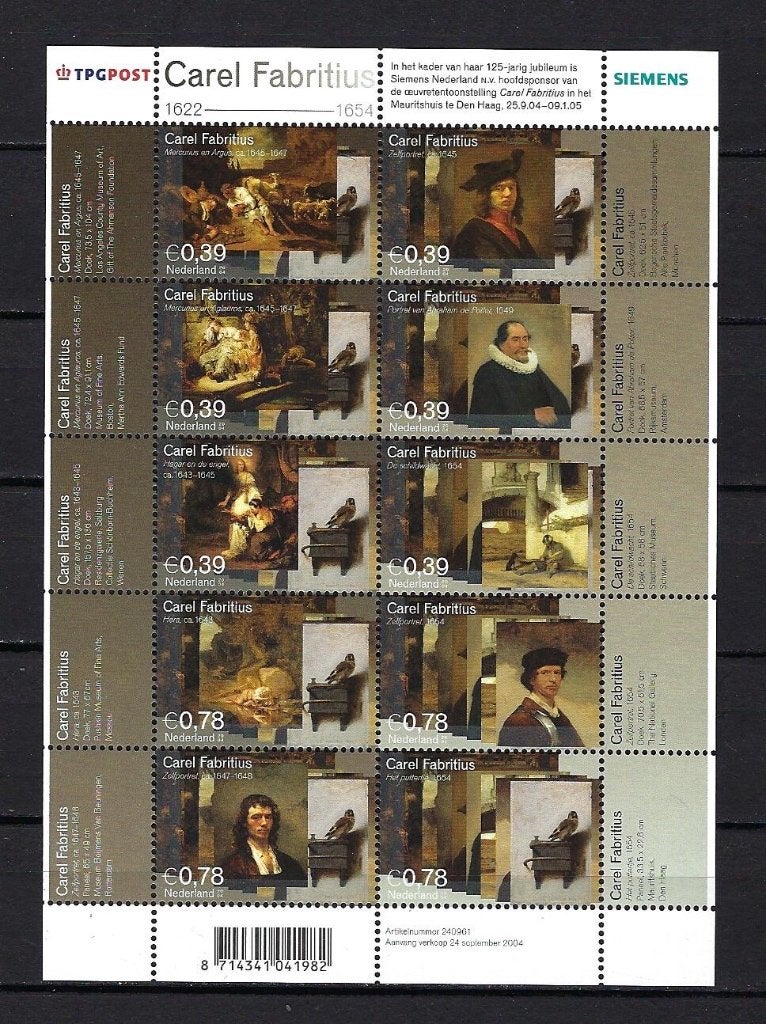 NVPH V2285/V2294 Carel Fabritius Postfris, Ophalen of Verzenden, Na 1940, Postfris