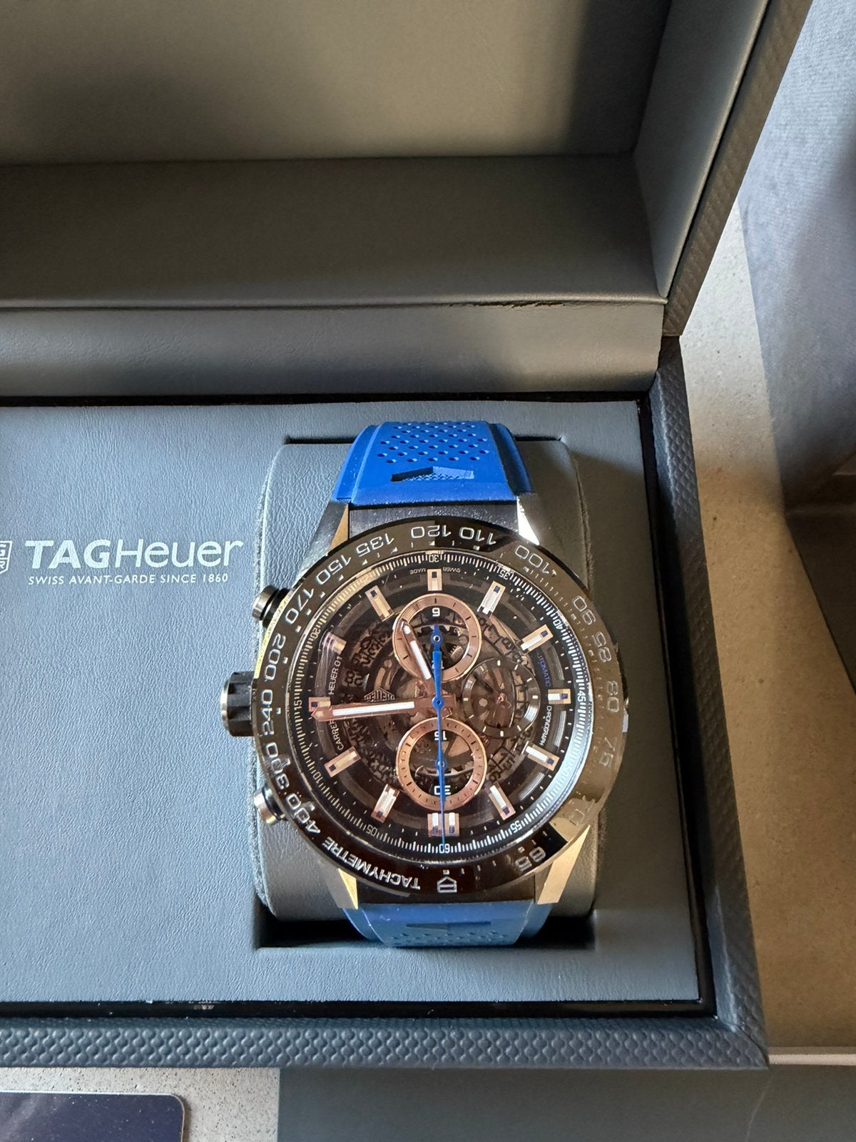 TAG Heuer Carrera Heuer 01 – Blue Touch – doos en papieren, Staal, Polshorloge, Kunststof, Ophalen of Verzenden