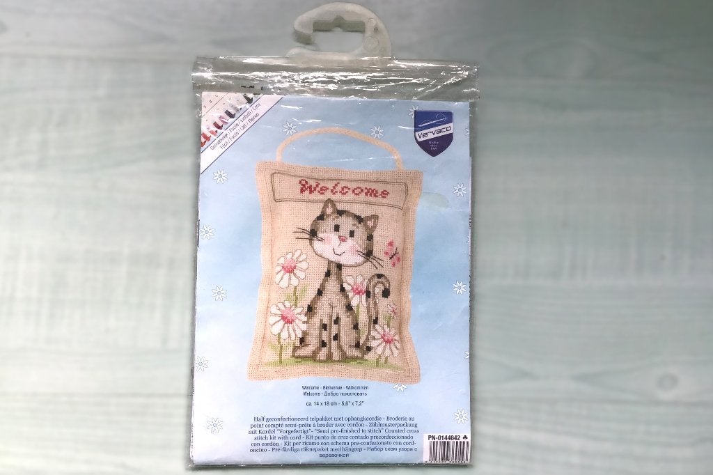 Borduurpakket poes 'welcome' - Vervaco, Ophalen of Verzenden, Gebruikt, Handborduren, Borduurpakket