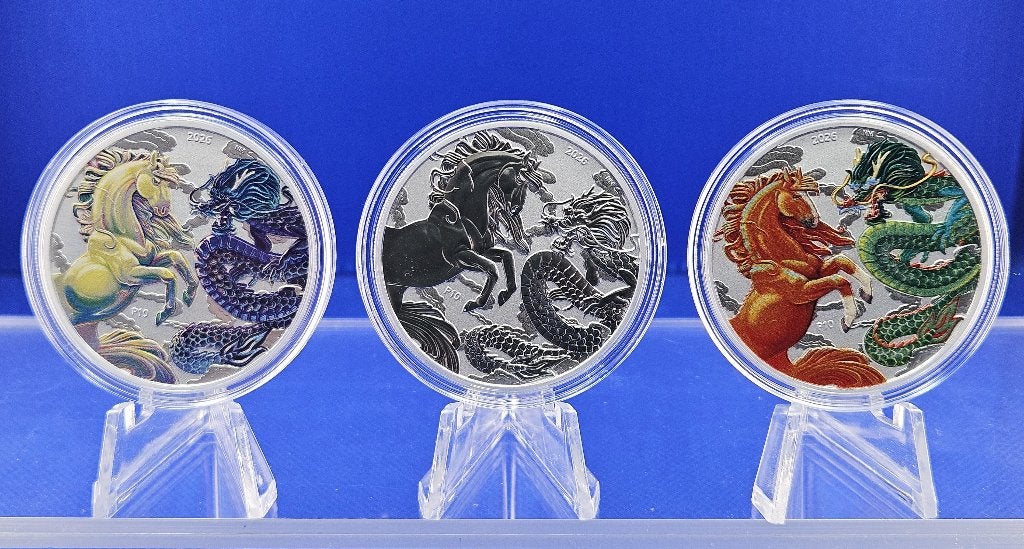 (A409) AUSTRALIA DRAGON & HORSE GILDED BU 2026  3X ONE OUNCE, Ophalen of Verzenden, Setje, Zilver