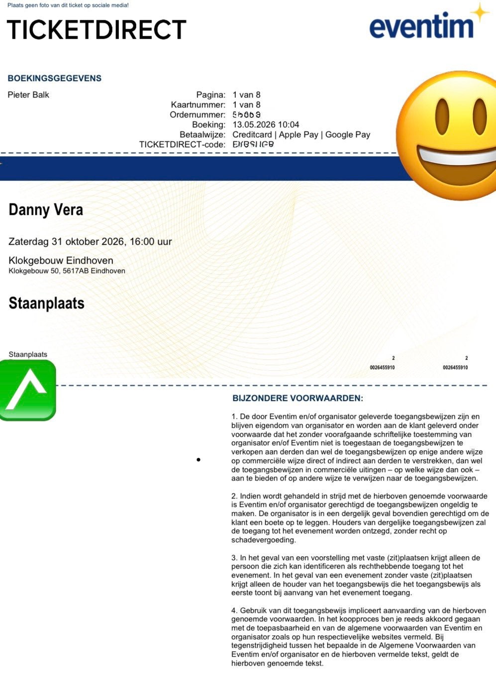 6 x ticket Danny Vera op 31 oktober 16 uur klokgebouw., Drie personen of meer