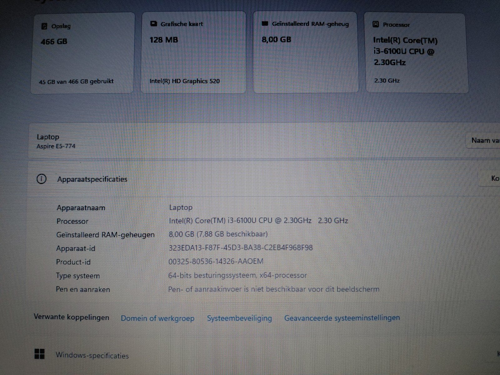 Acer Aspire E5-774 Laptop - Intel Core i3-6100U, Ophalen, Gebruikt