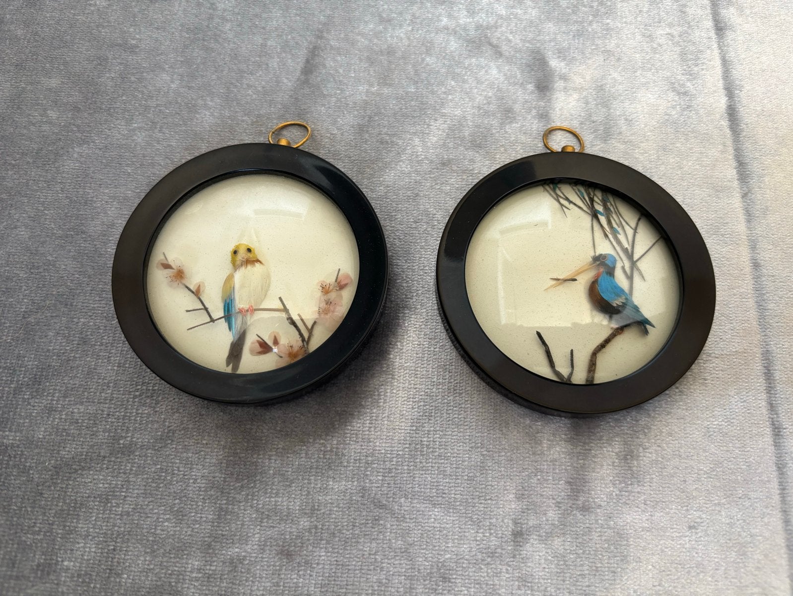 Vintage miniatuur vogelschilderijen met echte veren, Antiek en Kunst, Ophalen of Verzenden