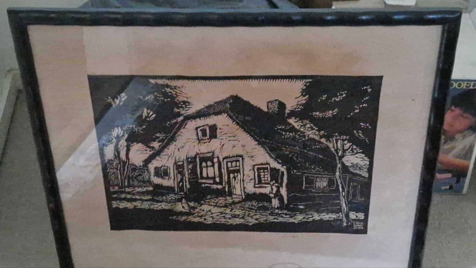 Linoleumsnede van Paul van Dam - Boerderij, Ophalen, Gesigneerd, Houtsnede, Landschap