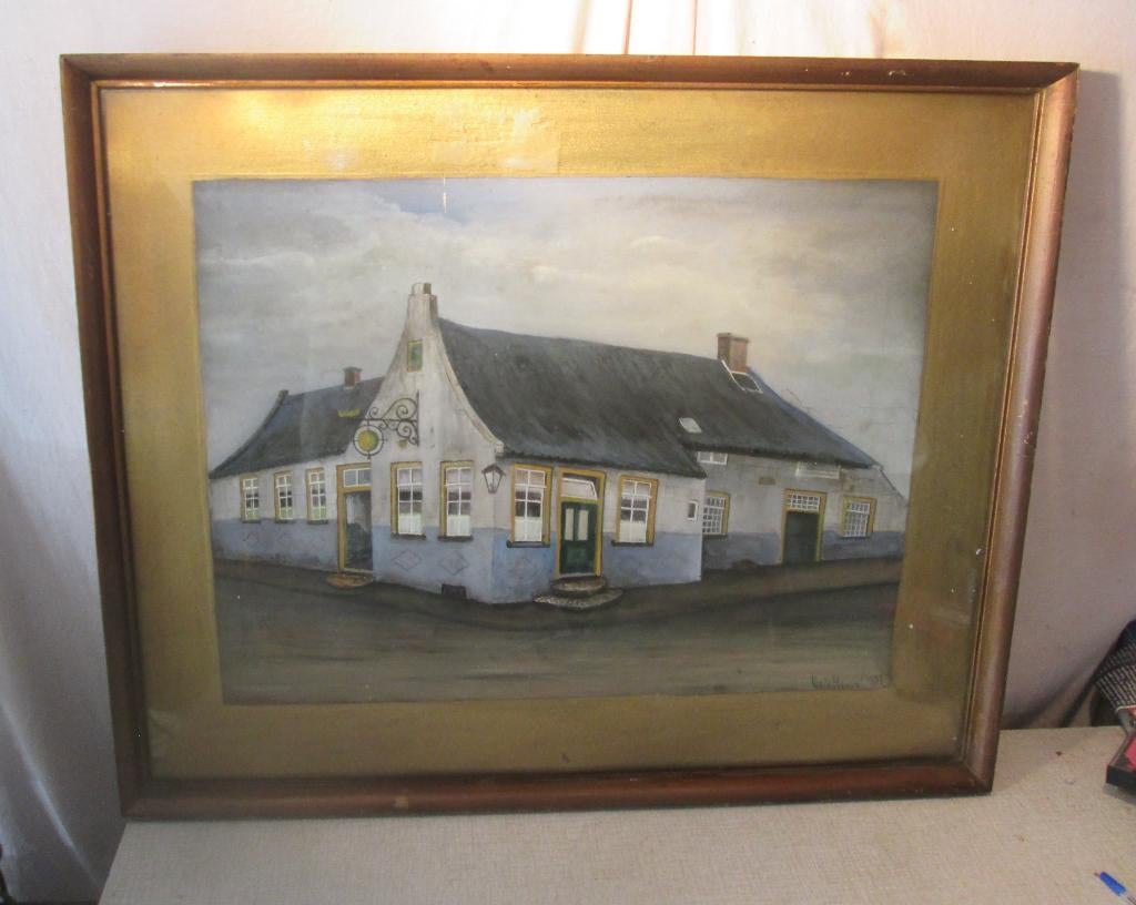Mooi Oud Geschilderd Aquarel 'Huis op de Hoek' - Vd Heuvel, Antiek en Kunst, Ophalen of Verzenden