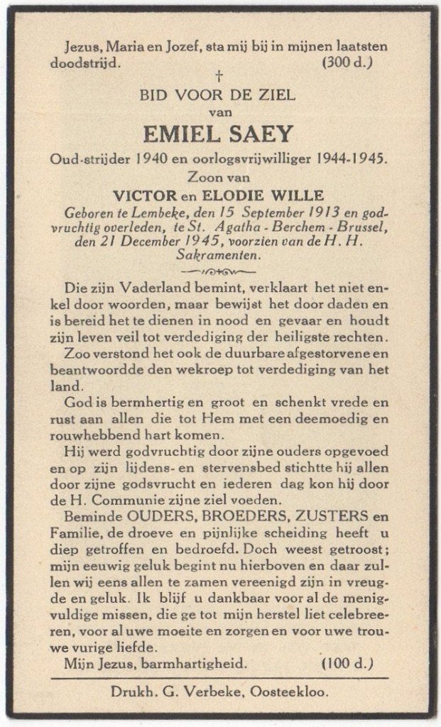 WO-2  Emiel Saey 1913 Lembeke + 1945 Berchem/Brussel, 32 jr, Verzenden