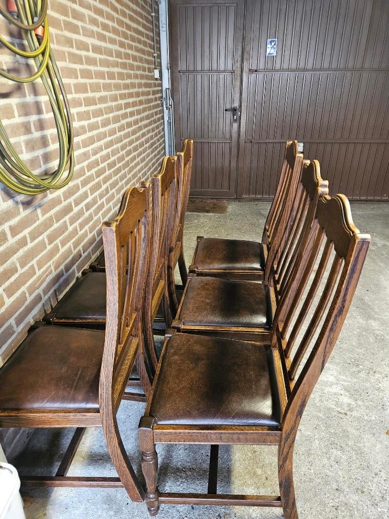 Tafelstoelen eiken zes stuks met leren zitting., Ophalen, Gebruikt, Bruin, Klassiek