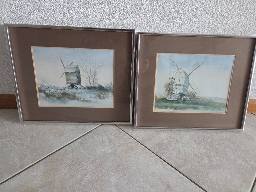 Set van 2 ingelijste molen aquarellen, Antiek en Kunst, Kunst | Tekeningen en Foto's, Ophalen of Verzenden, Tekening, Aquarel
