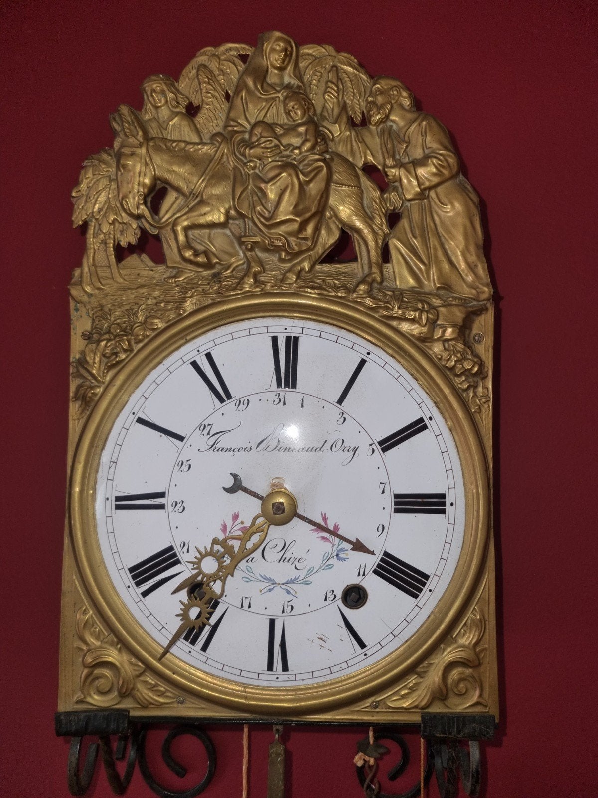Antieke Franse Comtoise-klok – Messing fronton – 19e eeuw, Ophalen