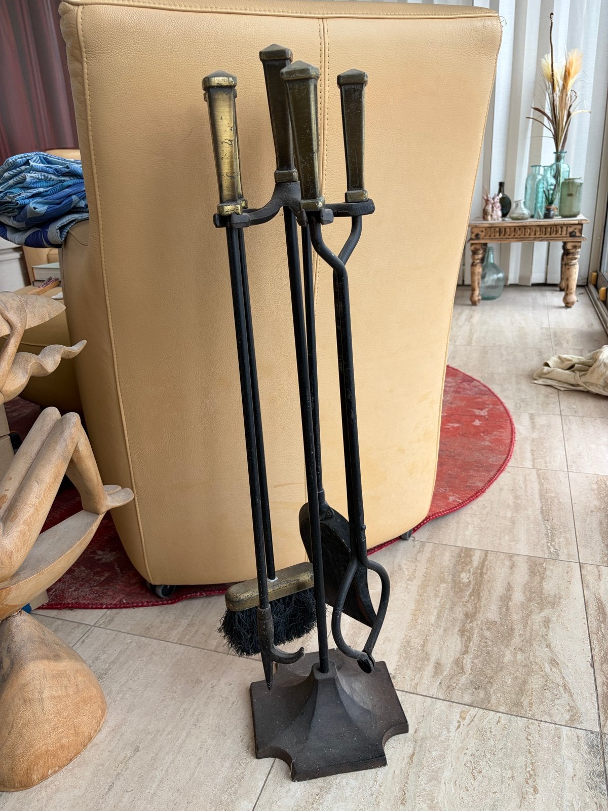 Vintage haardstel met bronzen handvatten, Ophalen, Vintage, Metaal, Gebruikt