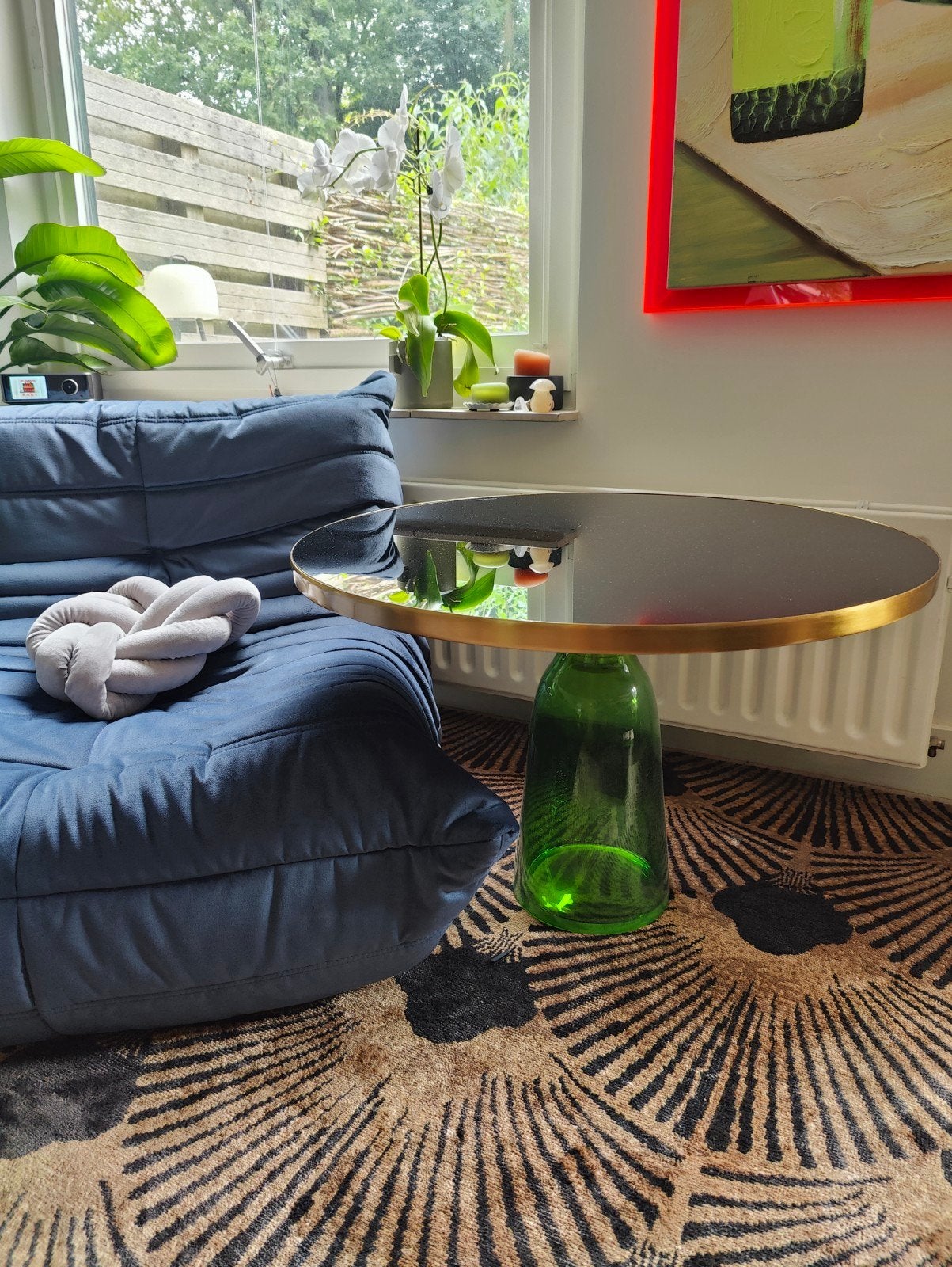 Salontafel Graham Bell lookalike - Glas Zwart/Groen/Goud, Ophalen, Gebruikt, 50 tot 100 cm, Rond