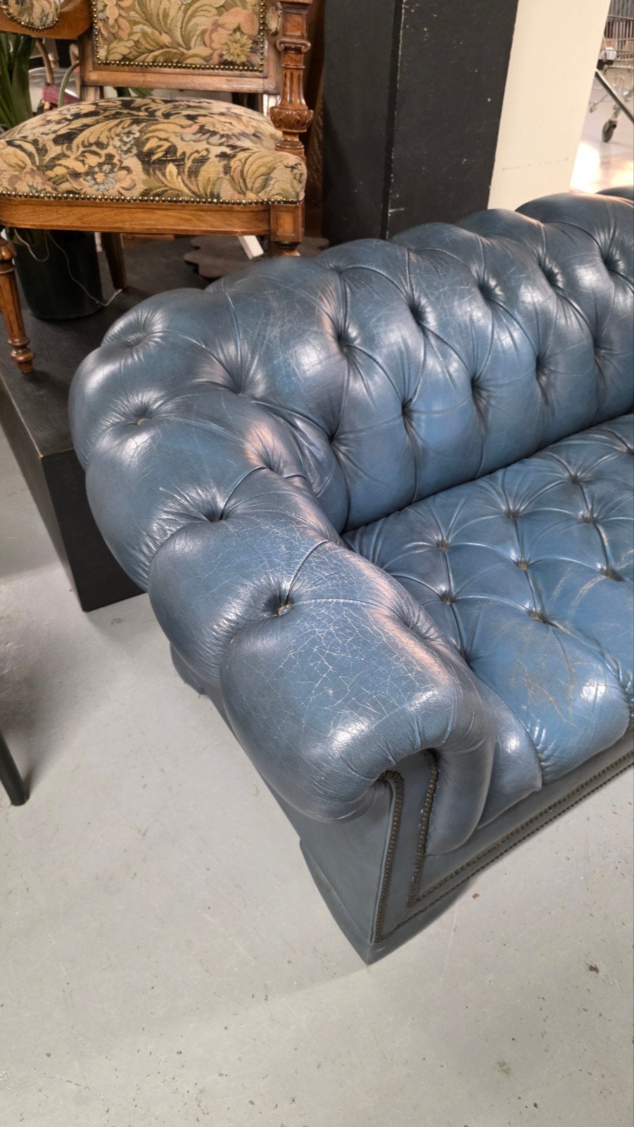 vintage blauw lederen Chesterfield bank, Ophalen