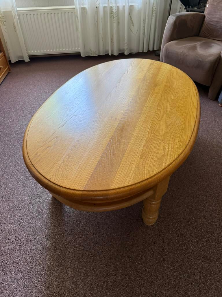 Massief eiken salontafel met 2 lades, Ophalen, Gebruikt, 100 tot 150 cm, Eikenhout