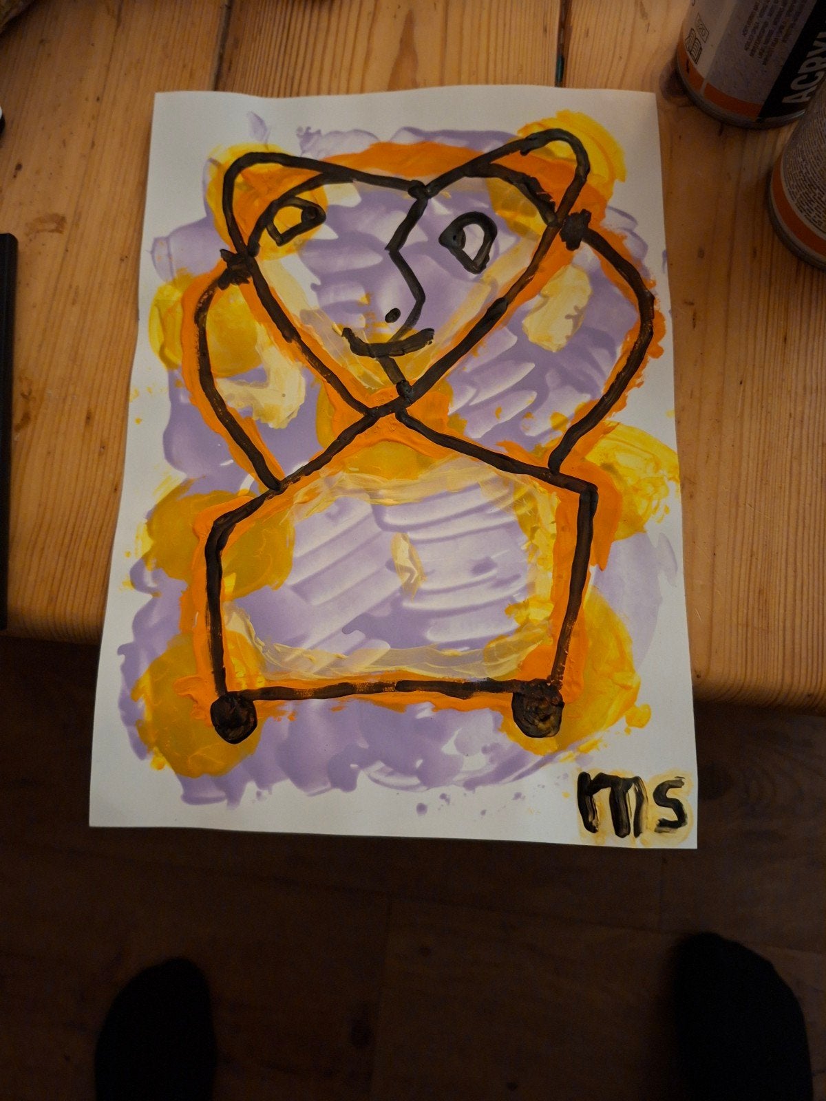 Kleurrijke tekening van een beer, gesigneerd MS, Antiek en Kunst, Ophalen of Verzenden, Tekening, Gemengde techniek, Gesigneerd