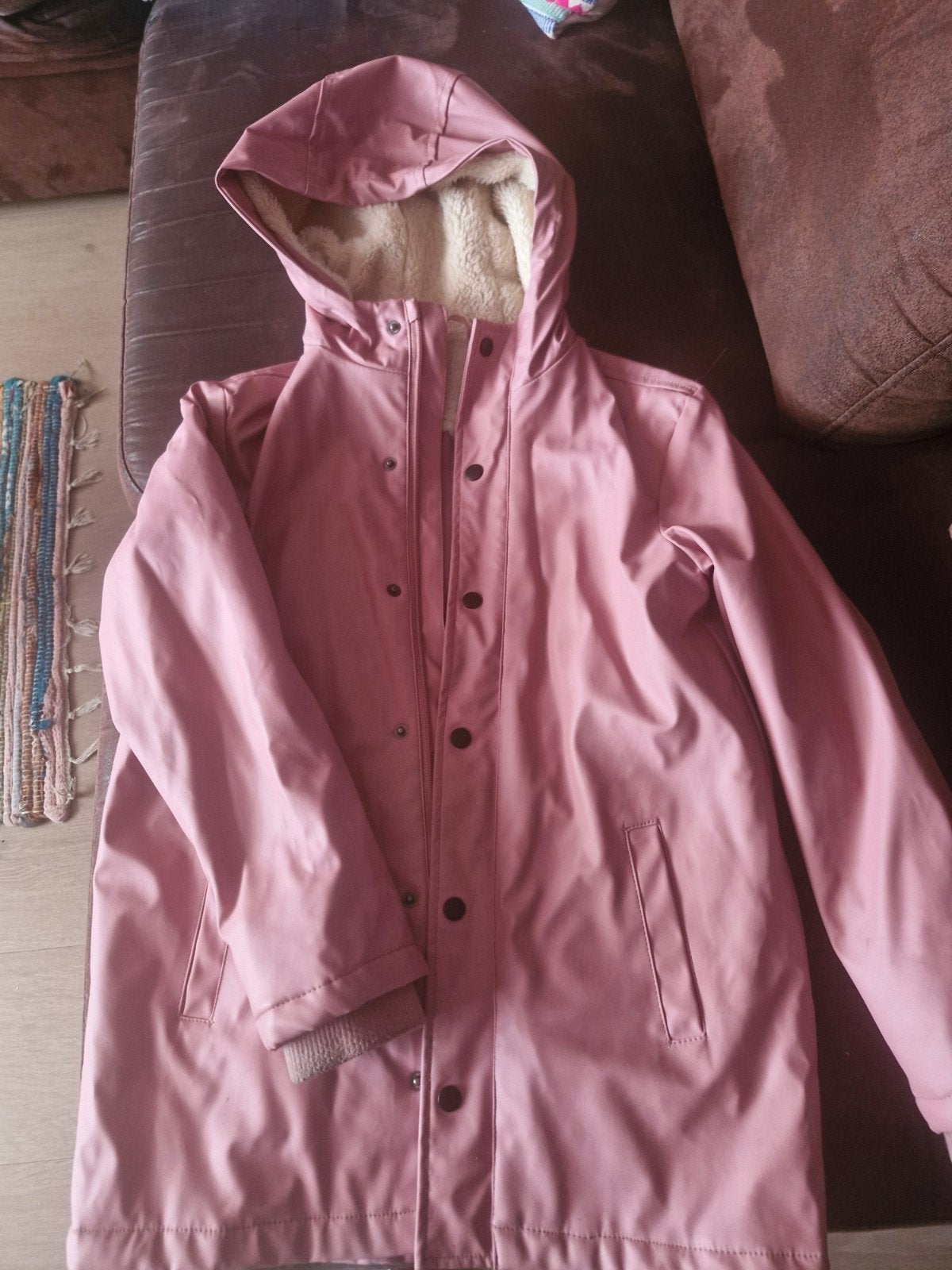 Roze regenjas met teddy voering bij capuchon - 146/152, Ophalen, Meisje, Jas