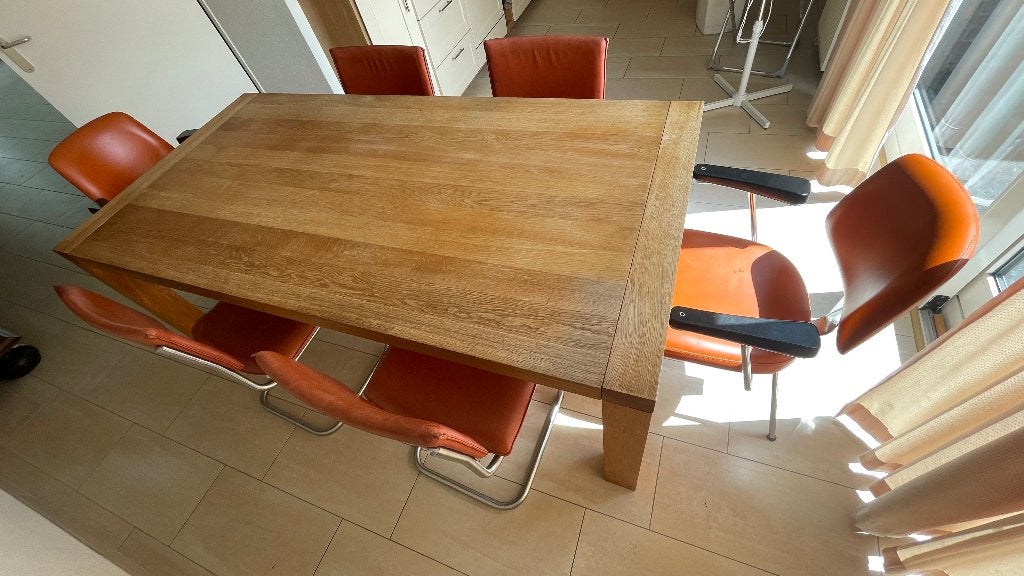Eiken eettafel massief met eetstoelen, Huis en Inrichting, Ophalen, Gebruikt, 100 tot 150 cm, Eikenhout