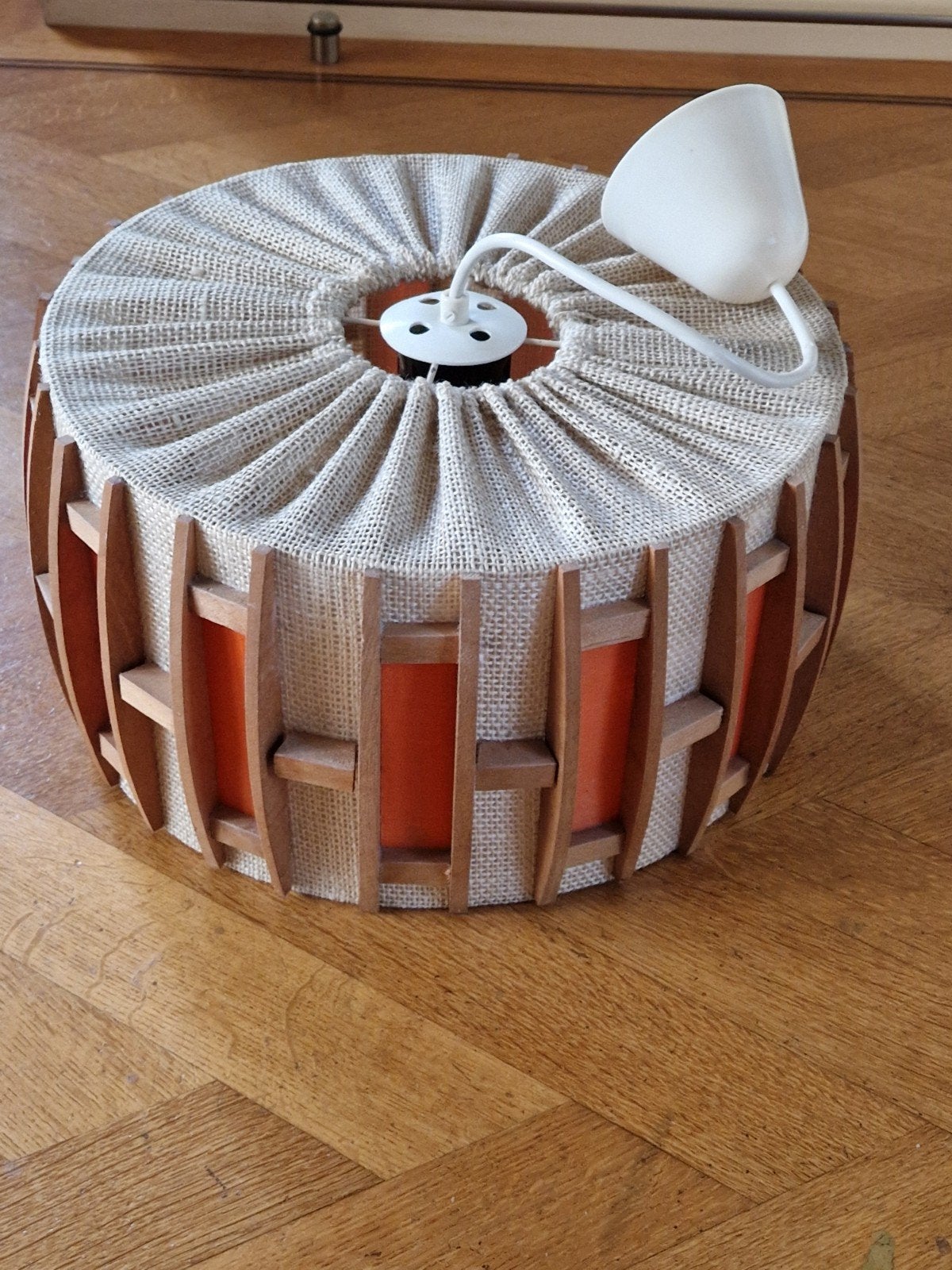Vintage Scandinavische Hanglamp Retro Jute teak oranje 1970, Ophalen of Verzenden