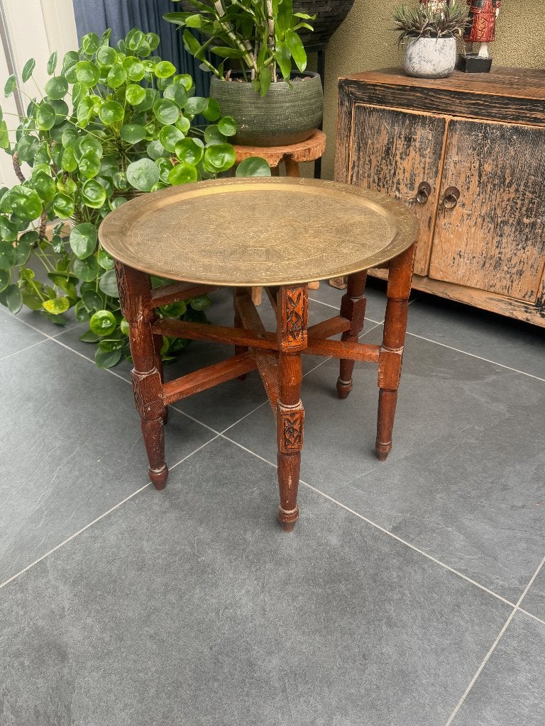 Marokkaanse theetafel houtsnijwerk koper blad oosters tafel, Ophalen of Verzenden